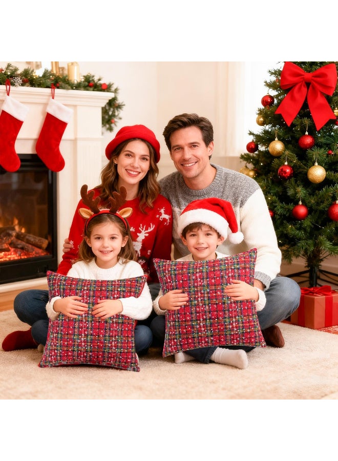 HI-FINE عبوة من 2 غطاء وسادة مزخرف بمناسبة عيد الميلاد بنمط الكاروهات مع ثلج، غطاء وسادة اسكتلندي للكنبة، ديكور عطلة للمزرعة باللونين الأحمر والأخضر، 18x18 بوصة - Image 2