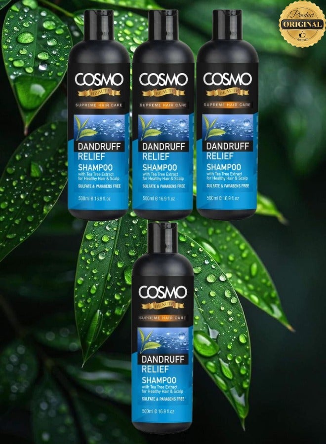 COSMO 4 Pieces Supreme Hair Care Dandruff Relief Shampoo With Tea Tree Extract For Healthy Hair And Scalp Sulfate And Parabens Free 500ML  - Image 1