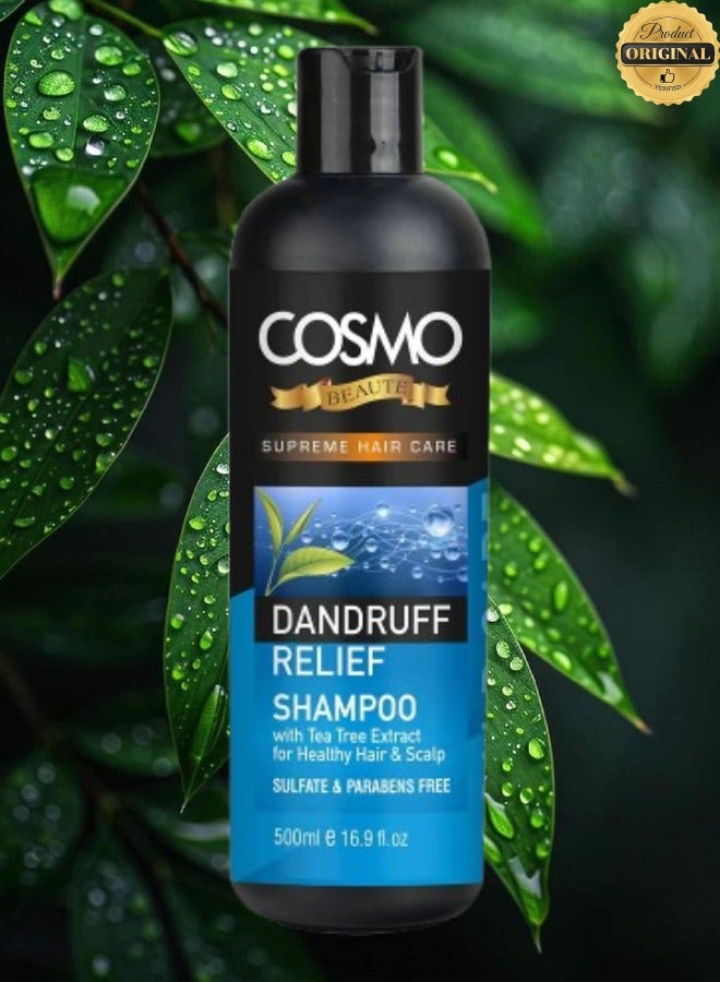 COSMO 4 Pieces Supreme Hair Care Dandruff Relief Shampoo With Tea Tree Extract For Healthy Hair And Scalp Sulfate And Parabens Free 500ML  - Image 2