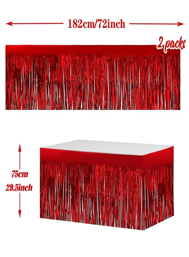 LabZhang 2 Pack 29.5x72 Inch Metallic Foil Fringe Tinsel Table Skirts Tinsel Backdrop Curtains for Rectangle Tables Parade Floats Mardi Gras Party(Red) - Image 2