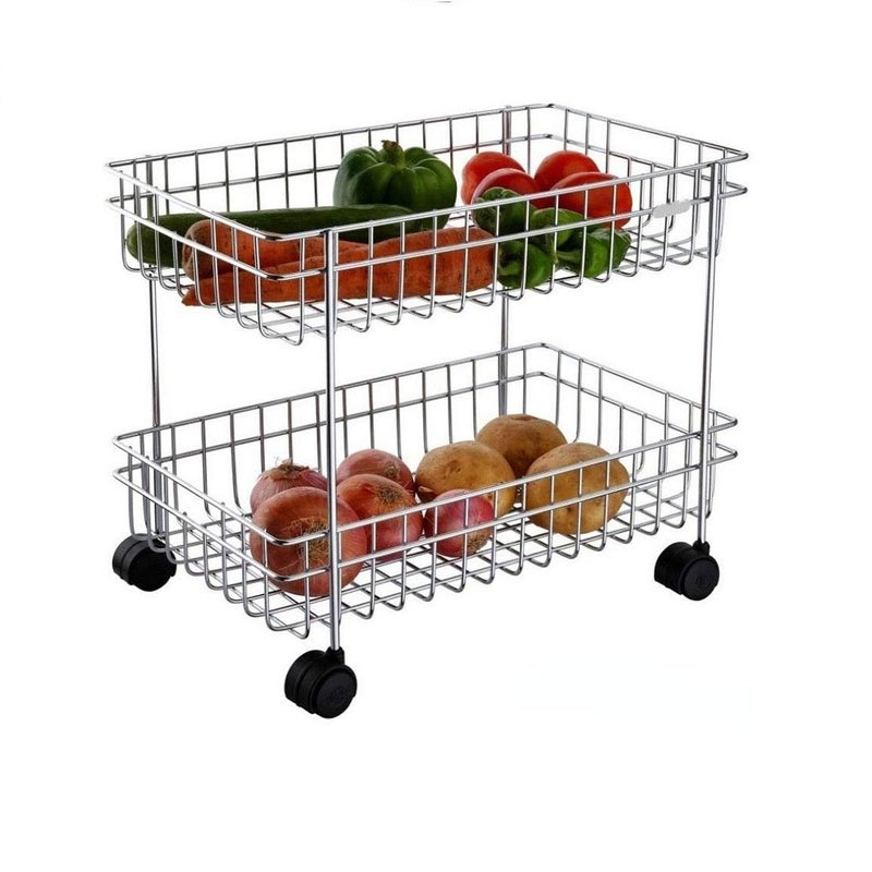 Aibrisk Stainless Steel 2 Layer Fruits and Vegetable Storage Basket Trolley with 4 Wheels for Kitchen Silver - Image 1