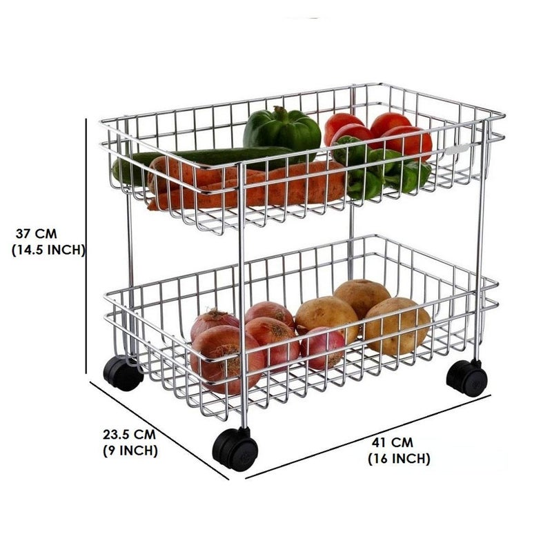 Aibrisk Stainless Steel 2 Layer Fruits and Vegetable Storage Basket Trolley with 4 Wheels for Kitchen Silver - Image 3