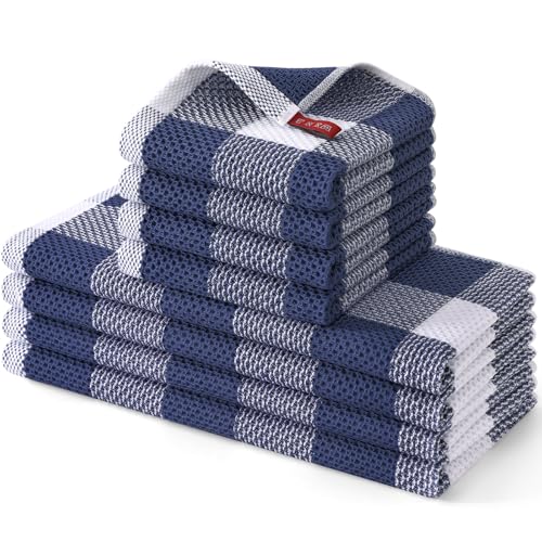Homaxy Kitchen Towels and Dishcloths Set 12 x 12 and 13 x 28 Inches Set of 8 100 Cotton Waffle Weave Check Plaid Kitchen Dish Towels Super Soft and Absorbent Dish Cloths White Navy Blue - Image 1