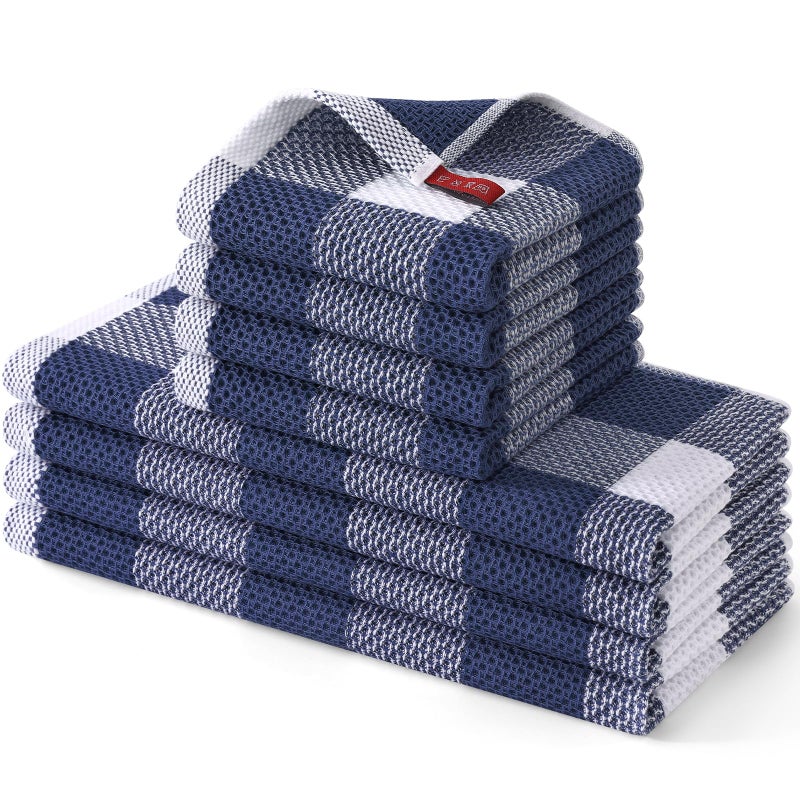 Homaxy Kitchen Towels and Dishcloths Set 12 x 12 and 13 x 28 Inches Set of 8 100 Cotton Waffle Weave Check Plaid Kitchen Dish Towels Super Soft and Absorbent Dish Cloths White Navy Blue - Image 2