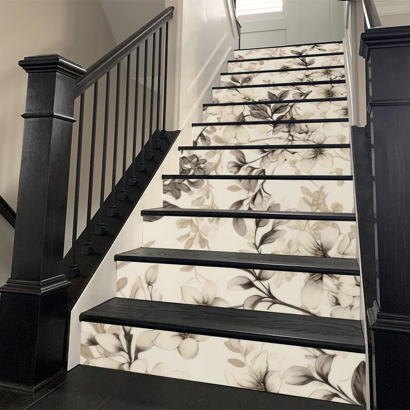 REDAMANCY Boho Cream Black Peach Flowers Peel and Stick Vinyl Stair Riser Decals Staircase Tile Stickers Decor Modern Marble Decoration Self-Adhesive(14 Pcs) - Image 2