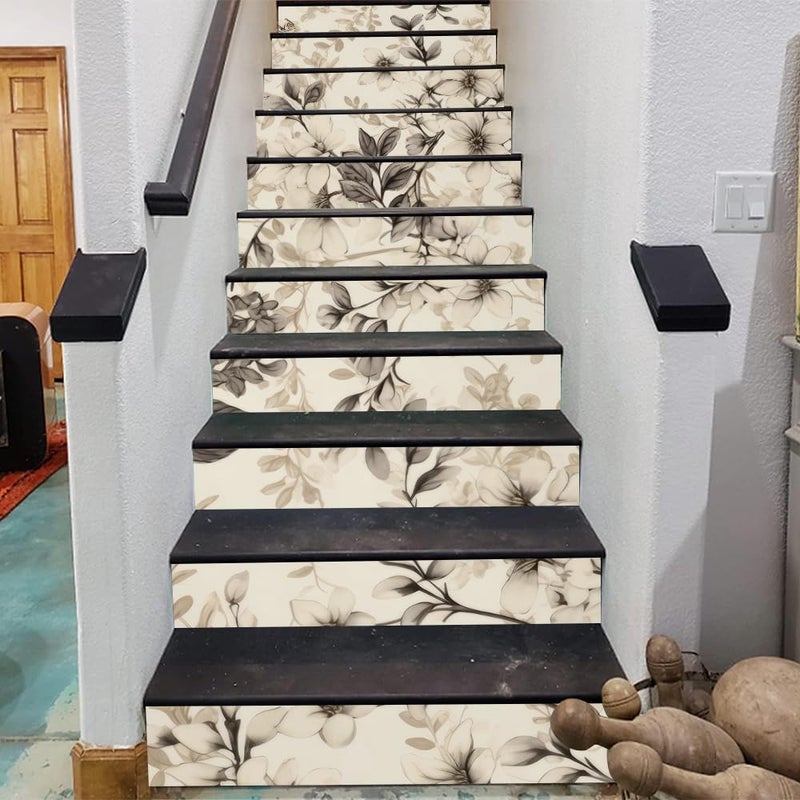REDAMANCY Boho Cream Black Peach Flowers Peel and Stick Vinyl Stair Riser Decals Staircase Tile Stickers Decor Modern Marble Decoration Self-Adhesive(14 Pcs) - Image 3