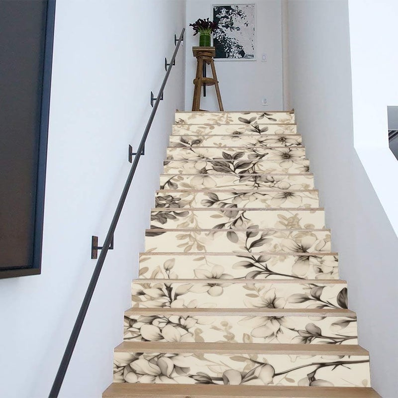REDAMANCY Boho Cream Black Peach Flowers Peel and Stick Vinyl Stair Riser Decals Staircase Tile Stickers Decor Modern Marble Decoration Self-Adhesive(14 Pcs) - Image 4