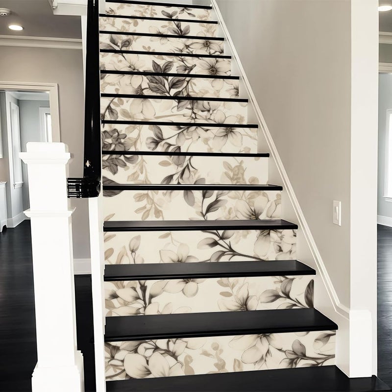 REDAMANCY Boho Cream Black Peach Flowers Peel and Stick Vinyl Stair Riser Decals Staircase Tile Stickers Decor Modern Marble Decoration Self-Adhesive(14 Pcs) - Image 1