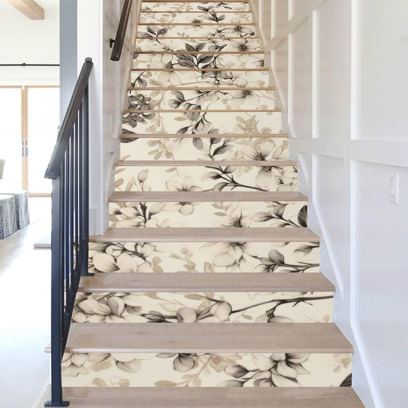 REDAMANCY Boho Cream Black Peach Flowers Peel and Stick Vinyl Stair Riser Decals Staircase Tile Stickers Decor Modern Marble Decoration Self-Adhesive(14 Pcs) - Image 5