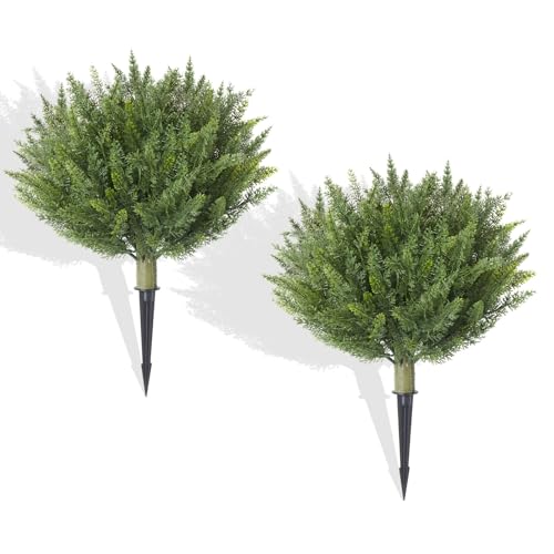 1409KMT Set of 2 Artificial Cypress Christmas Topiary Shrubs 20 UVResistant Faux Outdoor Plants with Ground Spikes Realistic Cedar Bushes for Porch Patio Garden Yard Dcor - Image 1