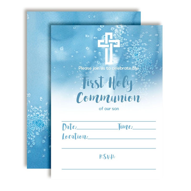 Blue Watercolor First Holy Communion Religious Party Invitations for Boys 20 5x7 Fill In Cards with Twenty White Envelopes by AmandaCreation