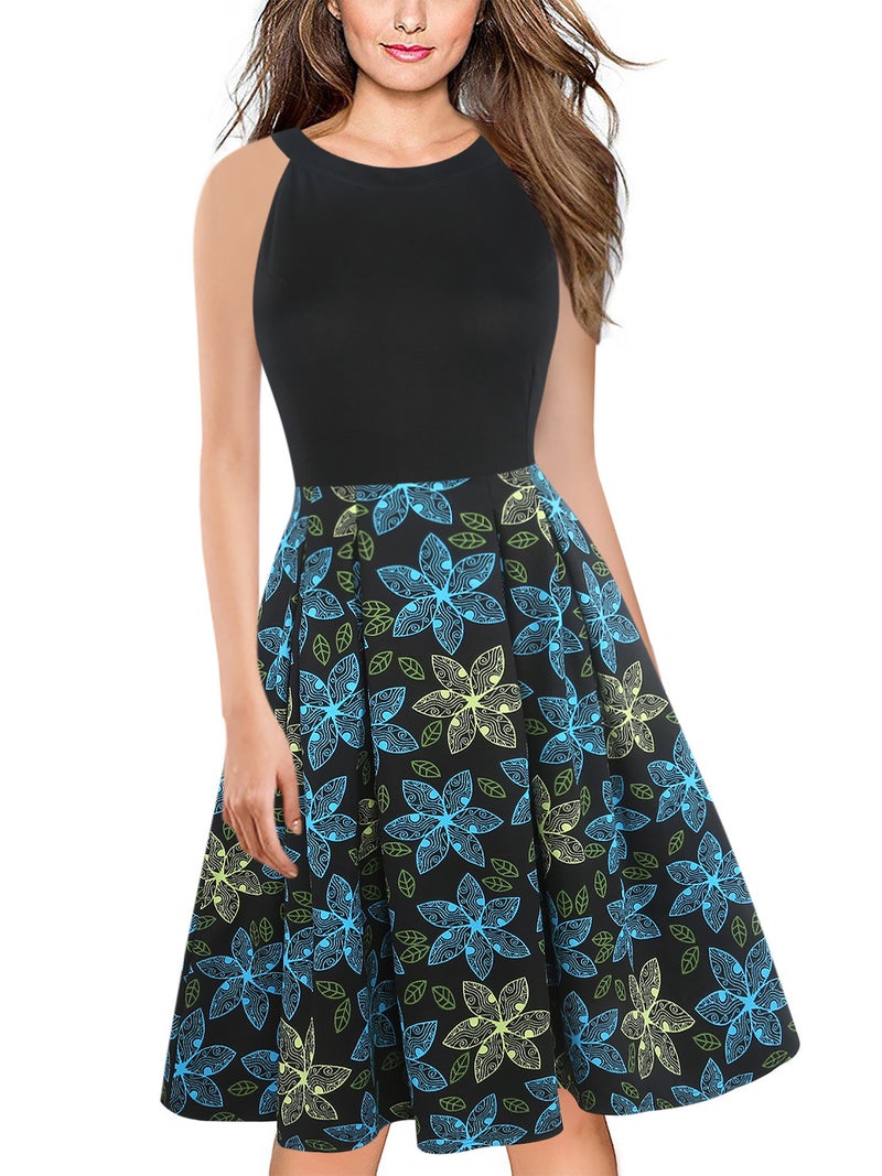Women's Sleeveless Print Round Neck Halter Dress with Flared Hem for Party - Image 3