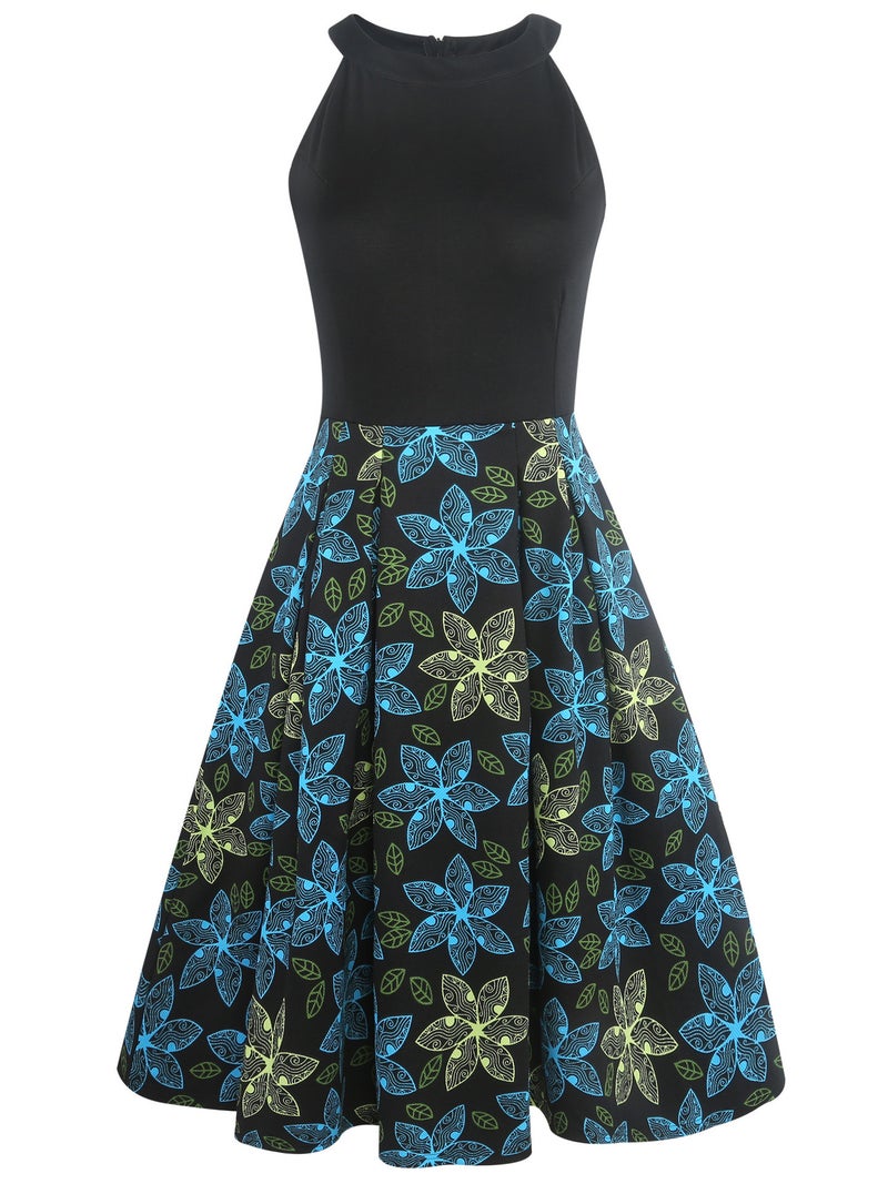 Women's Sleeveless Print Round Neck Halter Dress with Flared Hem for Party - Image 5