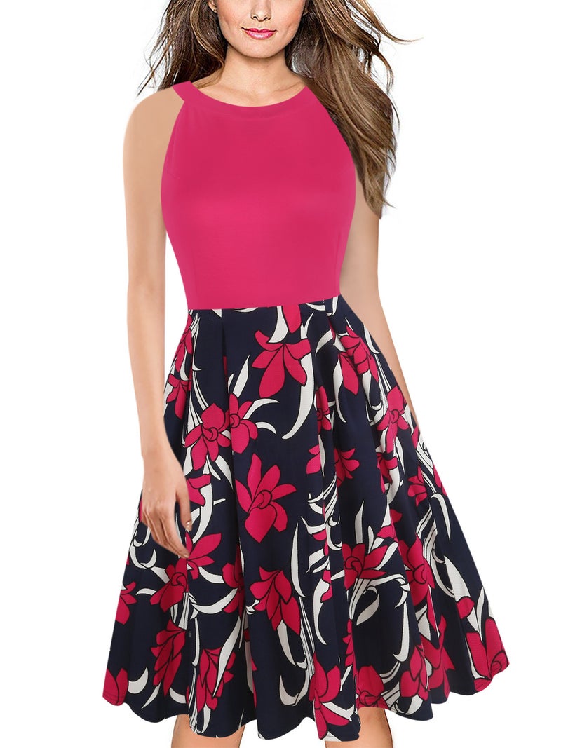Women's Sleeveless Print Round Neck Halter Dress with Flared Hem for Party - Image 1