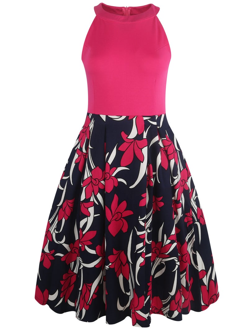 Women's Sleeveless Print Round Neck Halter Dress with Flared Hem for Party - Image 4