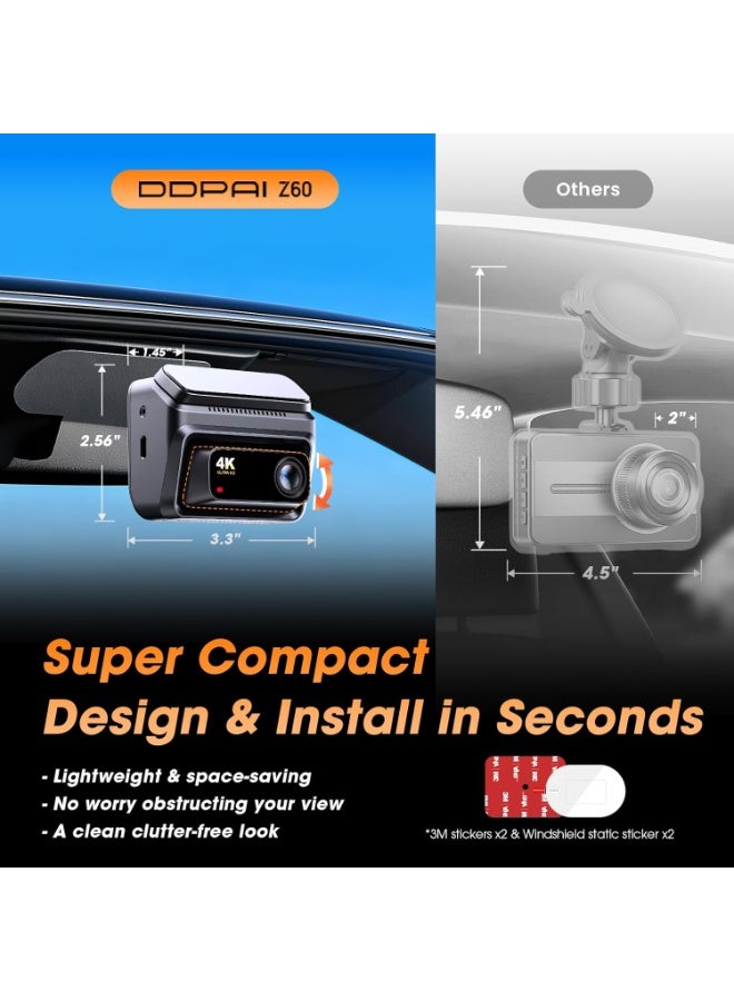 ddpai Dash Cam Car 4K Front and Back, 2160P+1080P Dashcam, up to 15MB/s 5GHz WiFi6 Car Dash Camera, 3" IPS with 32G eMMC, GPS, Night Vision, 24H Parking Monitor, ADAS, G-Sensor Max Support 512G, Z60 - Image 5