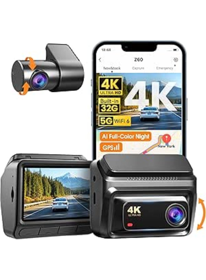 ddpai Dash Cam Car 4K Front and Back, 2160P+1080P Dashcam, up to 15MB/s 5GHz WiFi6 Car Dash Camera, 3" IPS with 32G eMMC, GPS, Night Vision, 24H Parking Monitor, ADAS, G-Sensor Max Support 512G, Z60 - Image 1