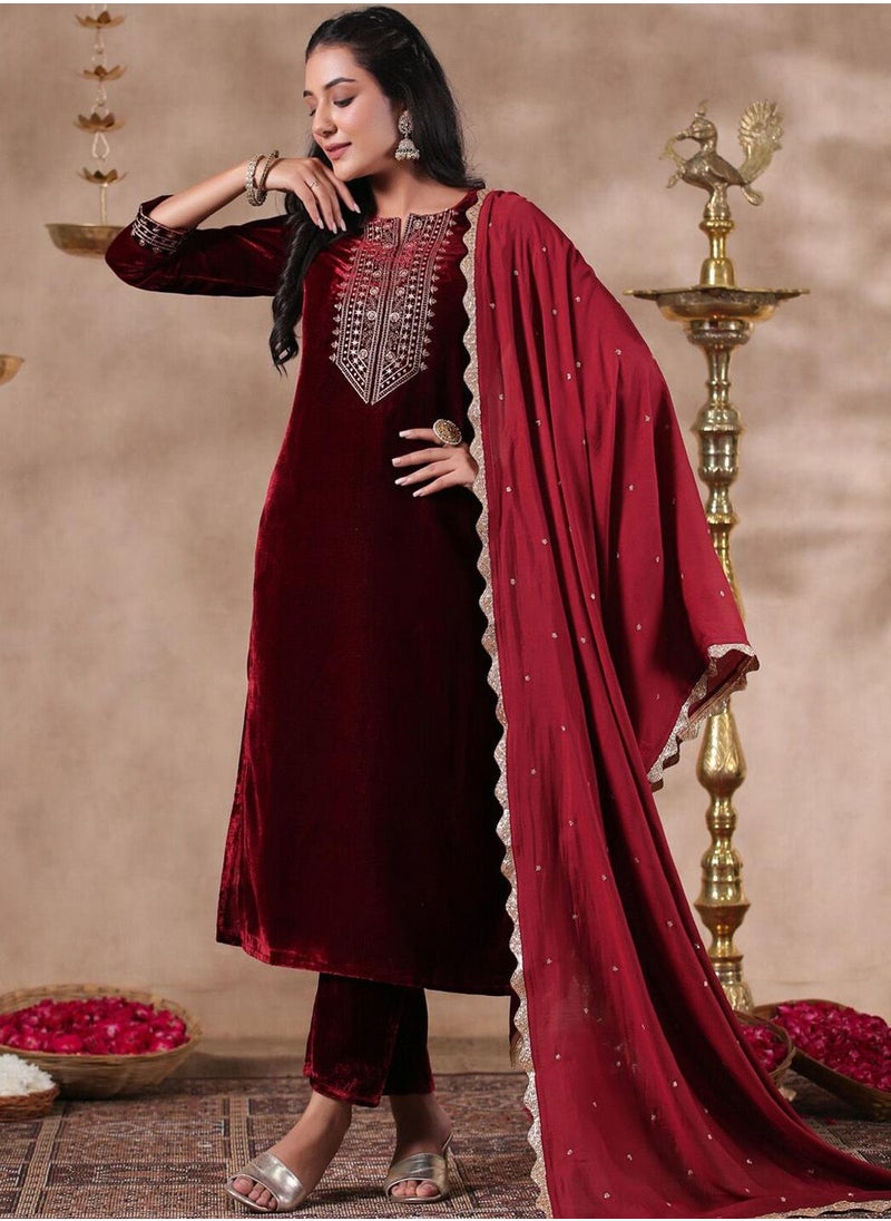 ISHIN Women's Maroon Velvet Embellished Tunic Full Length Casual Straight Fit Kurta Set  - Image 1