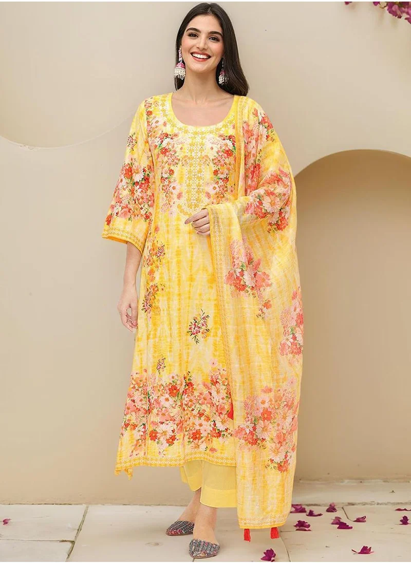 ISHIN Women's Yellow Cotton Blend Embellished Tunic Full Length Casual Straight Fit Kurta Set