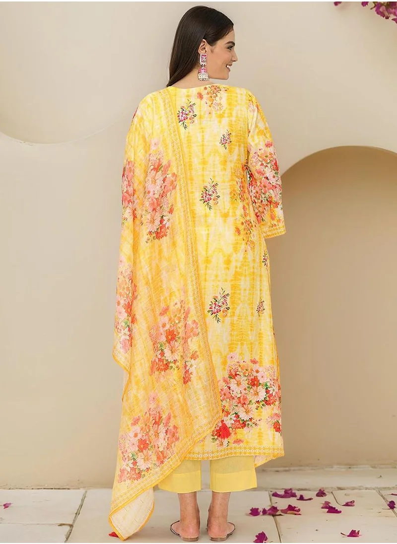 ISHIN Women's Yellow Cotton Blend Embellished Tunic Full Length Casual Straight Fit Kurta Set