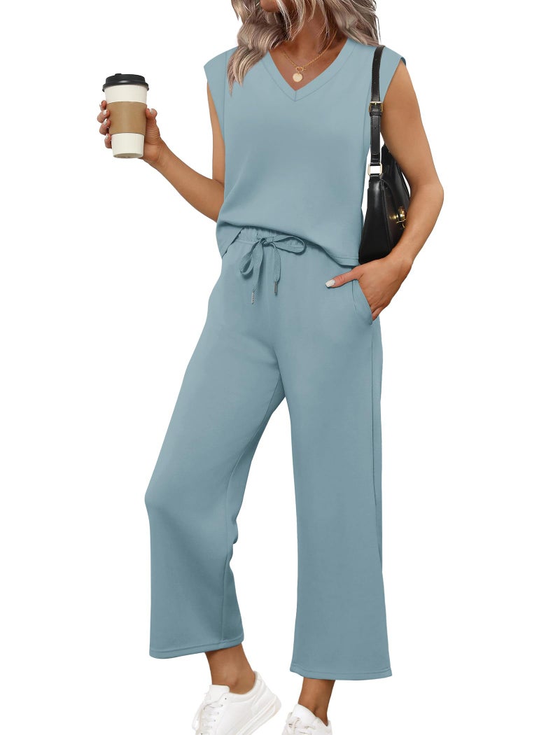 Sampeel Two Piece Sets for Women Summer Outfits Fashion Vacation Travel Outfits Fashion Matching Sets Women Clothing Airport Lounge Tracksuits Lake Blue M - Image 1