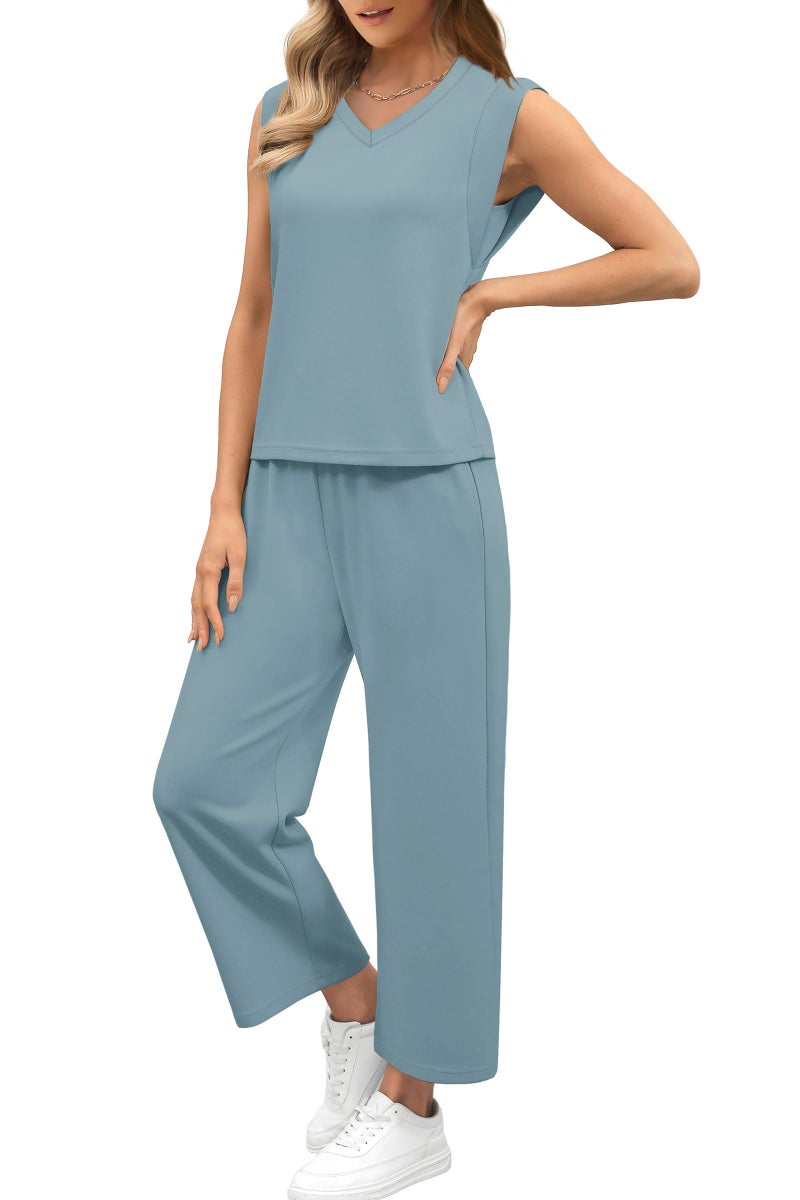 Sampeel Two Piece Sets for Women Summer Outfits Fashion Vacation Travel Outfits Fashion Matching Sets Women Clothing Airport Lounge Tracksuits Lake Blue M - Image 3