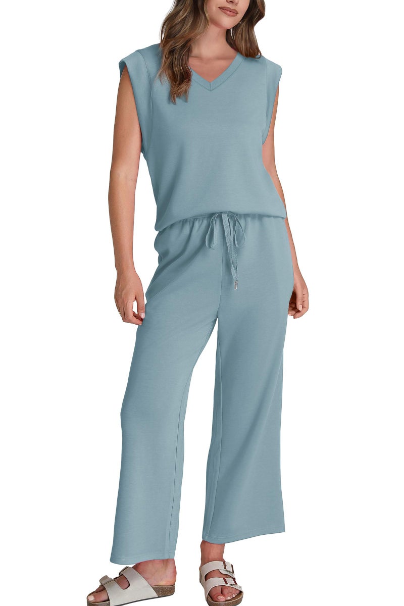 Sampeel Two Piece Sets for Women Summer Outfits Fashion Vacation Travel Outfits Fashion Matching Sets Women Clothing Airport Lounge Tracksuits Lake Blue M - Image 2