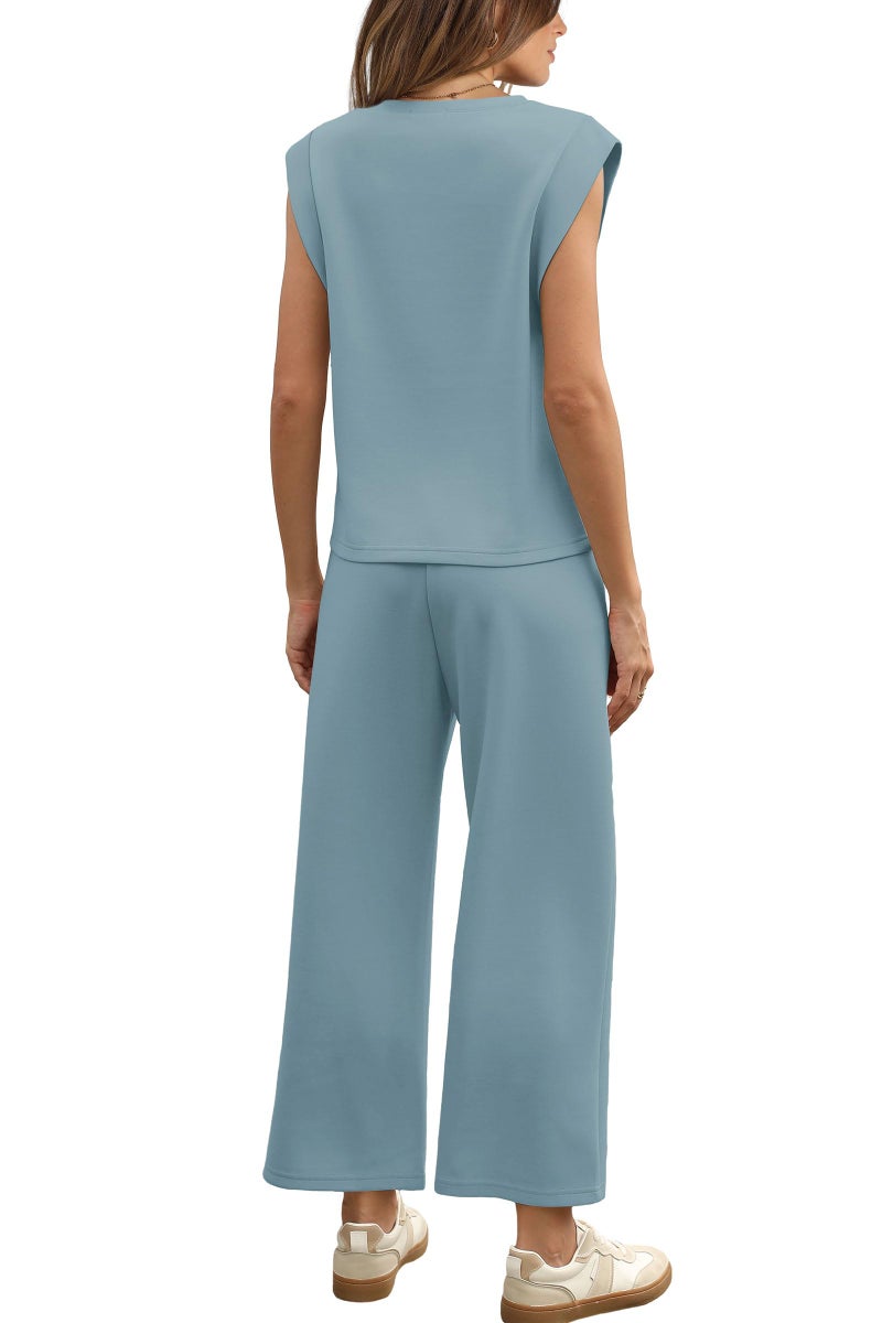 Sampeel Two Piece Sets for Women Summer Outfits Fashion Vacation Travel Outfits Fashion Matching Sets Women Clothing Airport Lounge Tracksuits Lake Blue M - Image 5