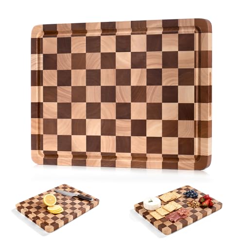 WILLKOMMEN Checkered Cutting Board for Kitchen– Wood Checkerboard End Grain Chopping Board 1" Thick Butcher Block with Juice Groove & Handle, Reversible for Cooking and Serving (Rectangular) - Image 1