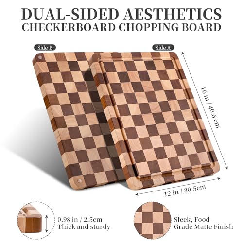WILLKOMMEN Checkered Cutting Board for Kitchen– Wood Checkerboard End Grain Chopping Board 1" Thick Butcher Block with Juice Groove & Handle, Reversible for Cooking and Serving (Rectangular) - Image 3