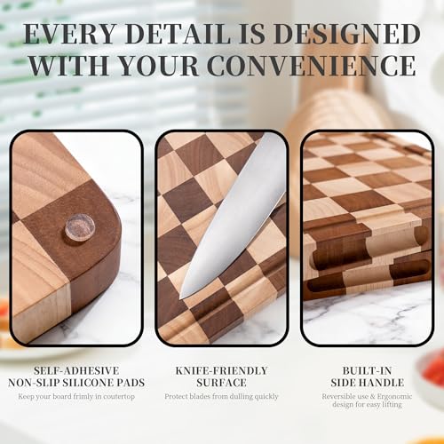 WILLKOMMEN Checkered Cutting Board for Kitchen– Wood Checkerboard End Grain Chopping Board 1" Thick Butcher Block with Juice Groove & Handle, Reversible for Cooking and Serving (Rectangular) - Image 5