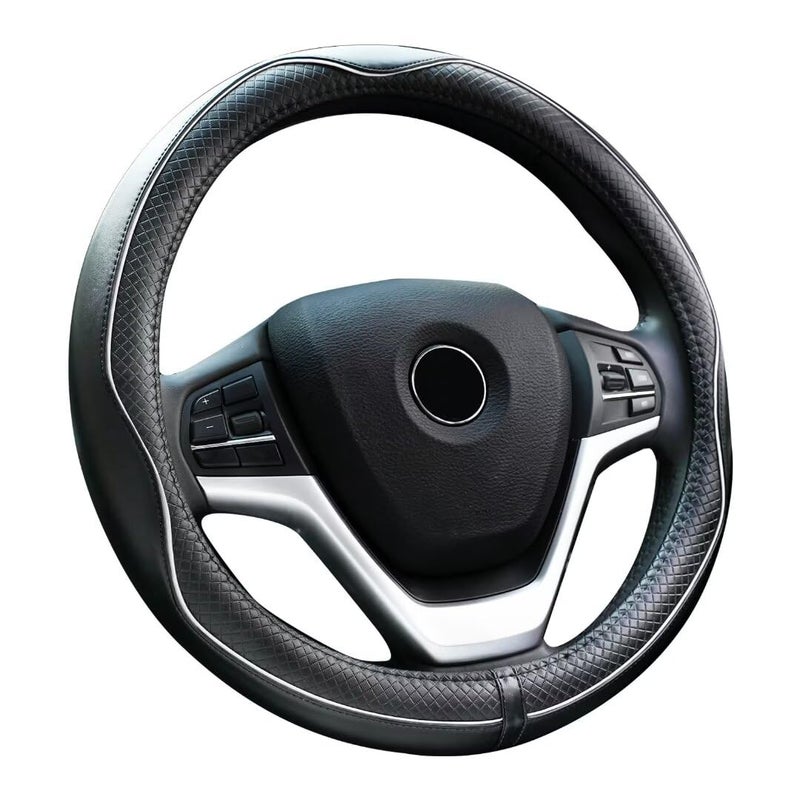 Rueesh Microfiber Leather Steering Wheel Cover Anti-Slip Matte Finish Auto Car Wheel Cover Universal 15 Inch Wheel Cover for Car Embossing Pattern (M (14.5"-15" Diameter), White Line) - Image 1