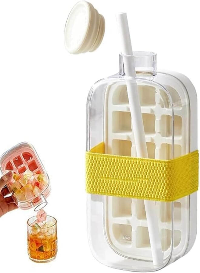 Ice Cube Bottle, Ice Cube Bottle, 2 in 1 Ice Cube Tray, Water Bottle with Lid and Container, Easy Press to Release the Ice, Ice Cube Tray for Drinks, Coffee, Juice (800 ml - White)