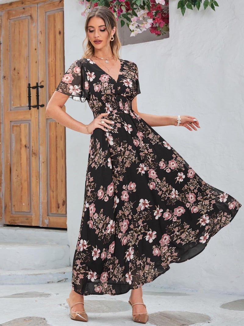 Simplee Apparel Simplee Womens Flowy Boho Floral Maxi Dress Summer Beach Wedding Guest Dress Empire Waist V Neck Short Sleeve Long Dresses (XL Black Flower) - Image 3