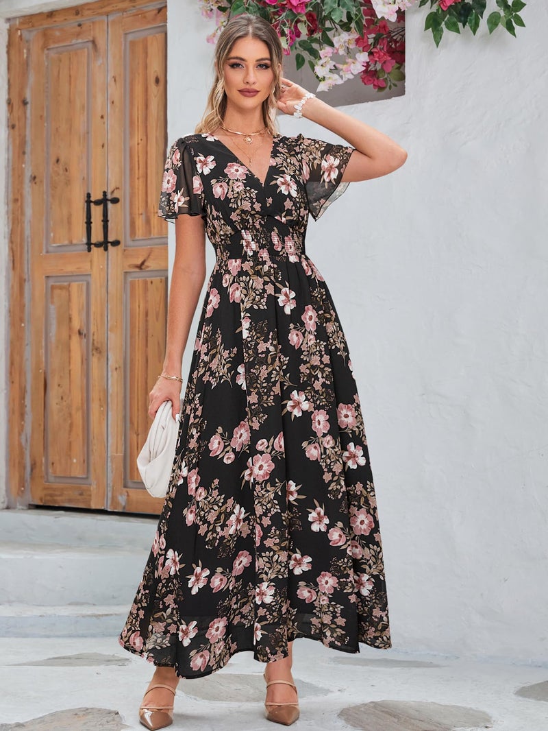 Simplee Apparel Simplee Womens Flowy Boho Floral Maxi Dress Summer Beach Wedding Guest Dress Empire Waist V Neck Short Sleeve Long Dresses (XL Black Flower) - Image 2