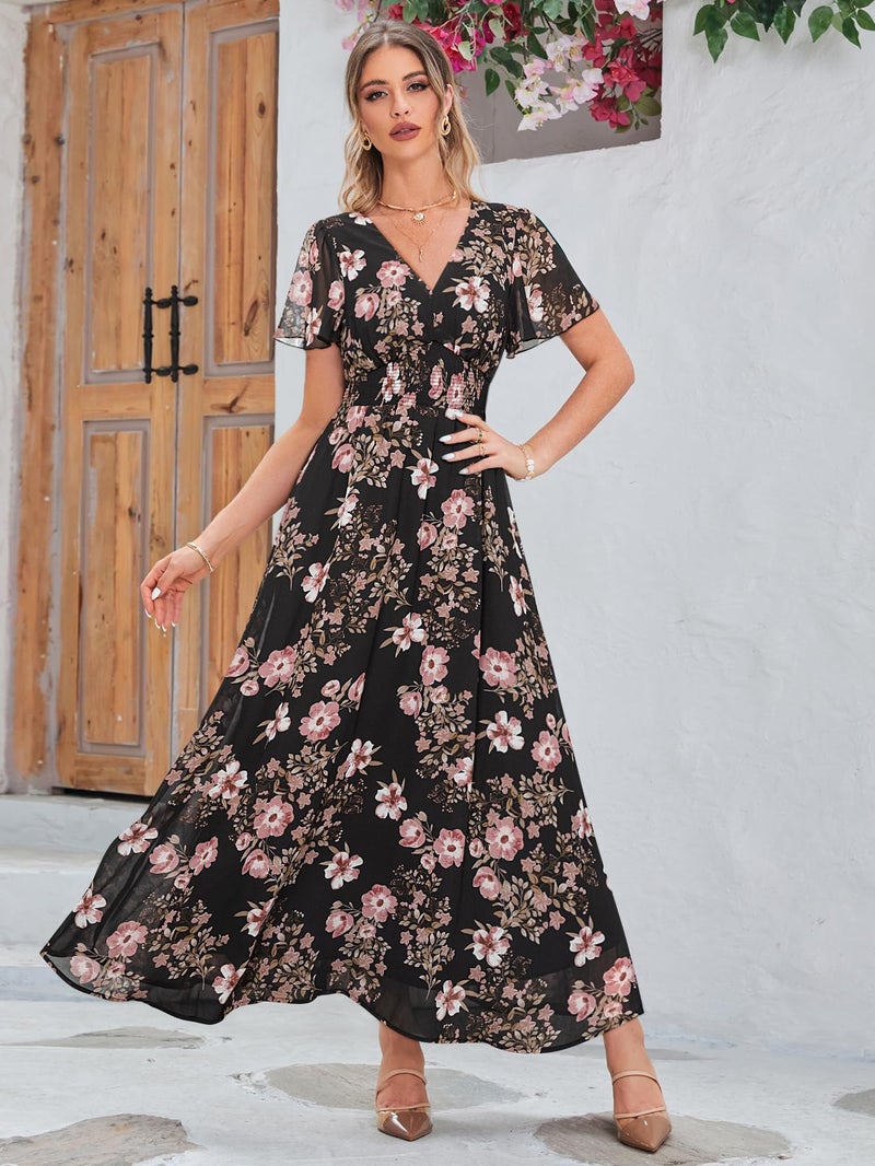 Simplee Apparel Simplee Womens Flowy Boho Floral Maxi Dress Summer Beach Wedding Guest Dress Empire Waist V Neck Short Sleeve Long Dresses (XL Black Flower) - Image 5