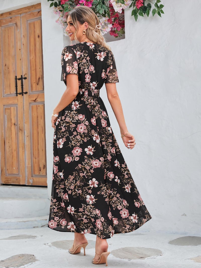 Simplee Apparel Simplee Womens Flowy Boho Floral Maxi Dress Summer Beach Wedding Guest Dress Empire Waist V Neck Short Sleeve Long Dresses (XL Black Flower) - Image 4