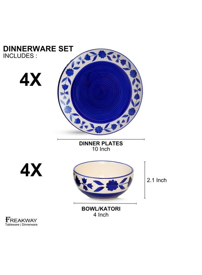 Freakway Hand-Painted Floral Dinner Ceramic Sets of 8 Pieces Including (10 Inch) - 4 Dinner Plates with 4 Serving Bowls (180 Ml) | Dishwasher & Microwave Safe - Royal Blue - Image 3
