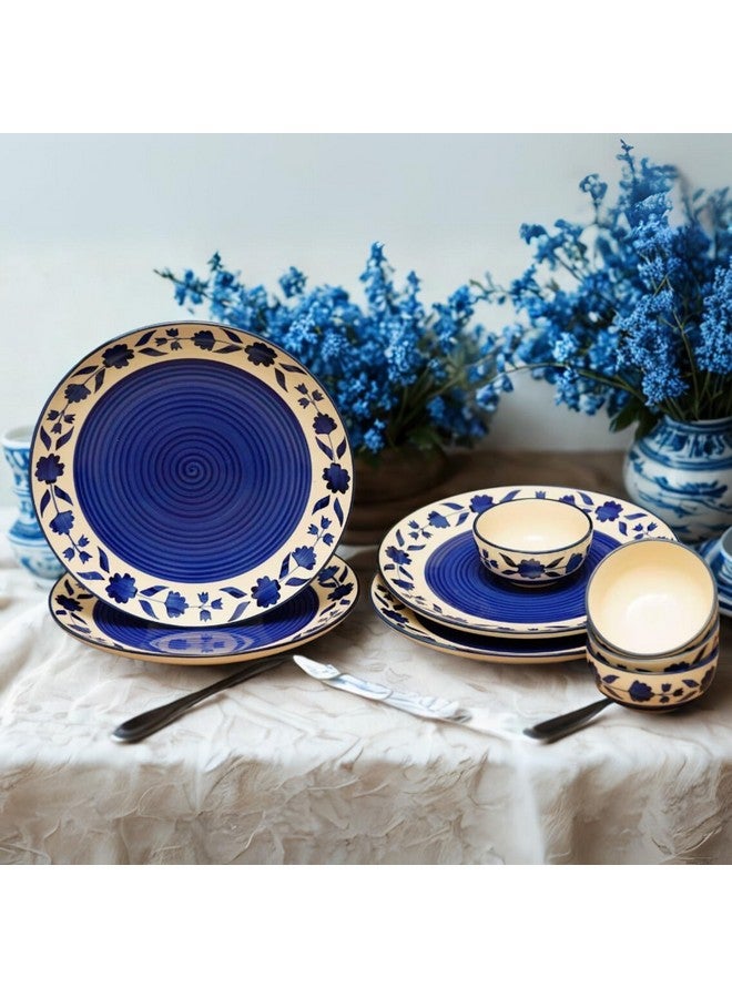 Freakway Hand-Painted Floral Dinner Ceramic Sets of 8 Pieces Including (10 Inch) - 4 Dinner Plates with 4 Serving Bowls (180 Ml) | Dishwasher & Microwave Safe - Royal Blue - Image 1
