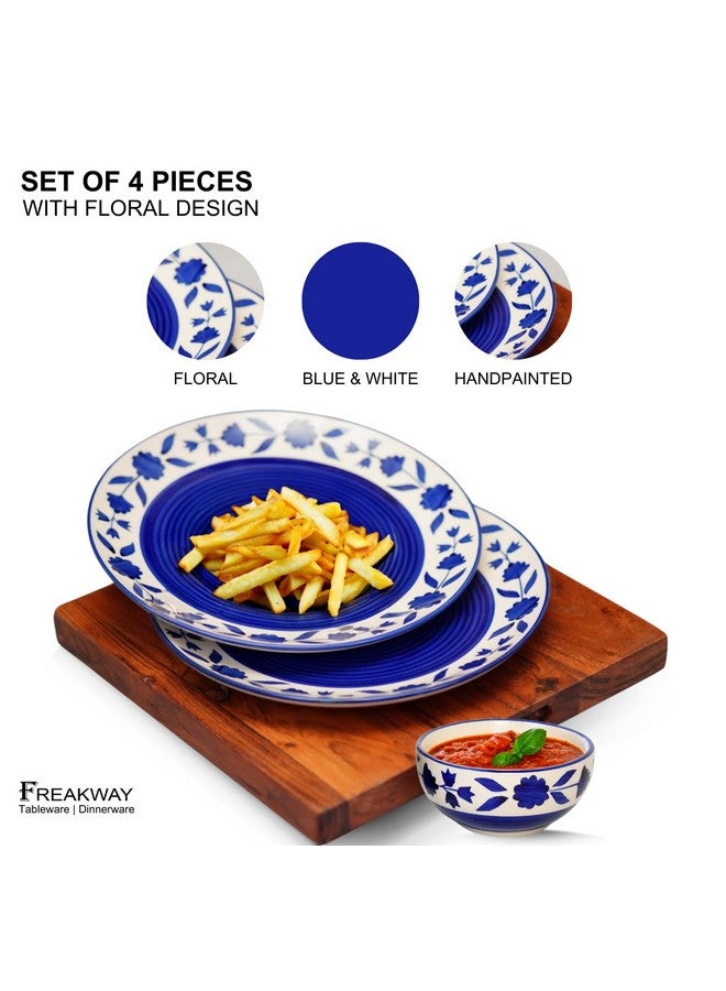 Freakway Hand-Painted Floral Dinner Ceramic Sets of 8 Pieces Including (10 Inch) - 4 Dinner Plates with 4 Serving Bowls (180 Ml) | Dishwasher & Microwave Safe - Royal Blue - Image 4