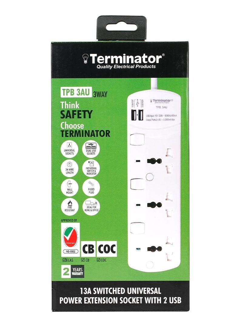 Terminator 3 Way Universal Power Extension Socket With 2USB - Image 1
