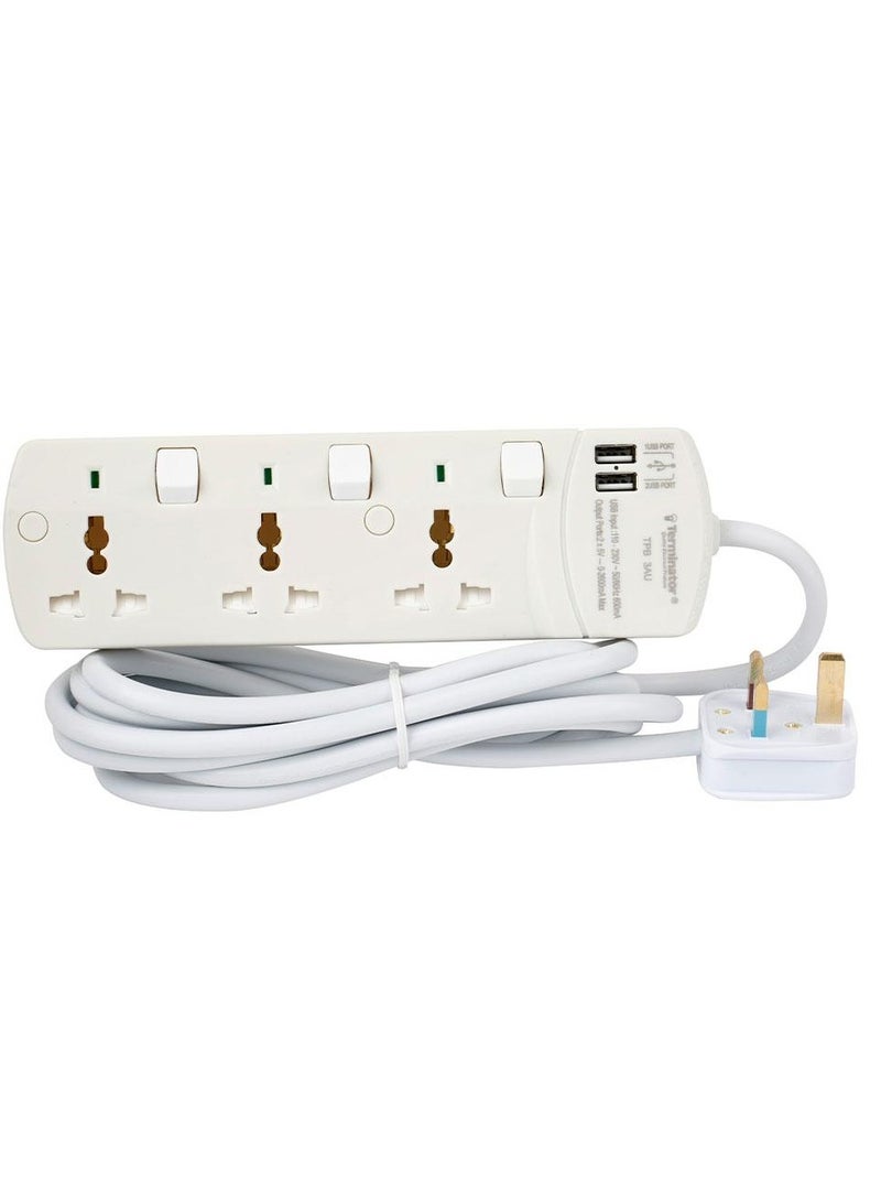 Terminator 3 Way Universal Power Extension Socket With 2USB - Image 2