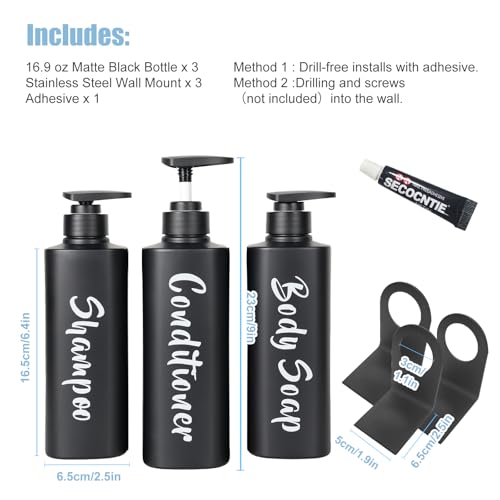 AUMIO Shampoo and Conditioner Dispenser - Shower Soap Dispenser Wall Mounted - 16.9oz Set of 3 Matte Black Plastic Bottles with Pump - Drill Free Refillable Shampoo Bottles for Home Hotel Bathroom - Image 2