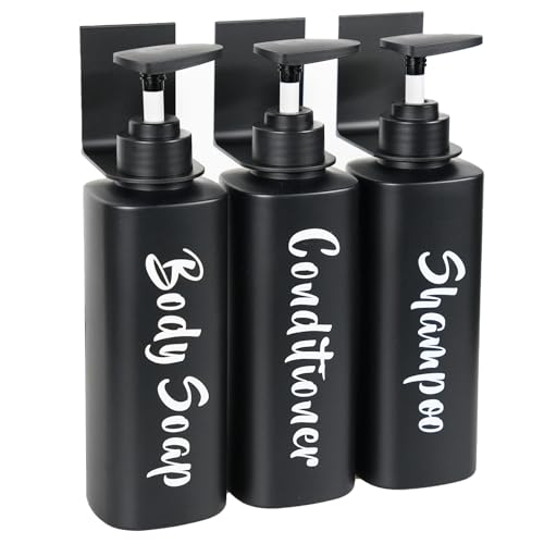 AUMIO Shampoo and Conditioner Dispenser - Shower Soap Dispenser Wall Mounted - 16.9oz Set of 3 Matte Black Plastic Bottles with Pump - Drill Free Refillable Shampoo Bottles for Home Hotel Bathroom - Image 1
