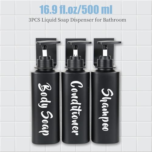 AUMIO Shampoo and Conditioner Dispenser - Shower Soap Dispenser Wall Mounted - 16.9oz Set of 3 Matte Black Plastic Bottles with Pump - Drill Free Refillable Shampoo Bottles for Home Hotel Bathroom - Image 3