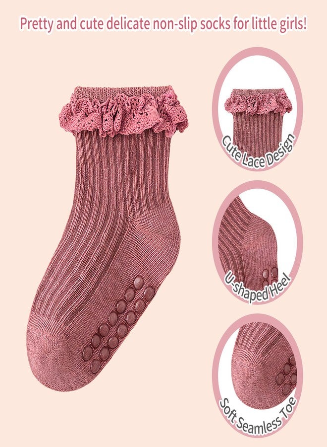 Looching 6 Pack Baby Toddler Girls Anti Slip Socks Ruffle Frilly Non Skid with Grips Cute Ankle Lace Socks for Infant Kids - Image 3