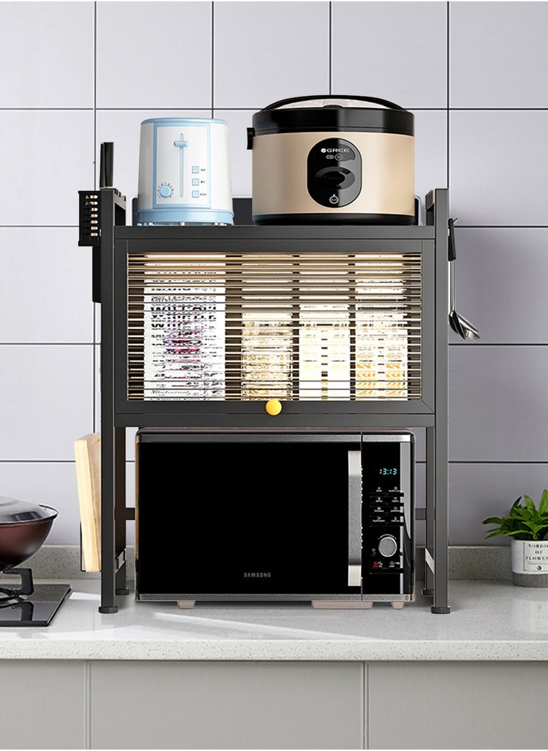 Microwave Oven Rack Heavy Duty Stand Kitchen Counter Top Storage Organizer 3-Tier with Hooks and Utensils Holder Microwave Shelf Double Layer Dustproof Oven Rack – Black