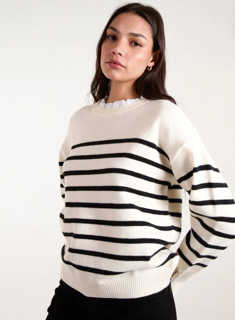Blue Vanilla Horizontal Stripes Bow Button Detailed Jumper