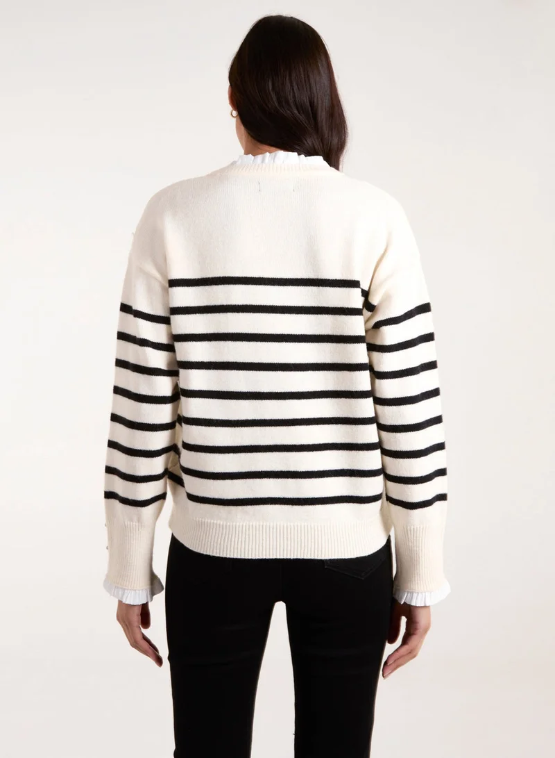 Blue Vanilla Horizontal Stripes Bow Button Detailed Jumper