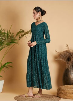 SASSAFRAS Foil Print Tiered Maxi Dress by Styli  - Image 3